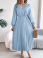 Women's Elegant V Neck Lace Tie Waist Pleated Maxi Dress