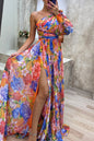 Floral Print Split Maxi Dress Fashion Sexy One-shoulder Long-sleeved Dresses Summer Beach Clothing For Women