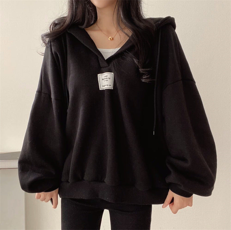 Womens Loose-fitting Versatile Hooded V-neck Sweatshirt