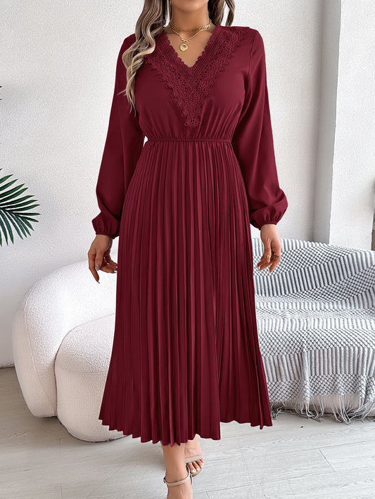 Women's Elegant V Neck Lace Tie Waist Pleated Maxi Dress
