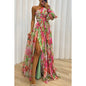 Floral Print Split Maxi Dress Fashion Sexy One-shoulder Long-sleeved Dresses Summer Beach Clothing For Women