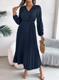Women's Elegant V Neck Lace Tie Waist Pleated Maxi Dress